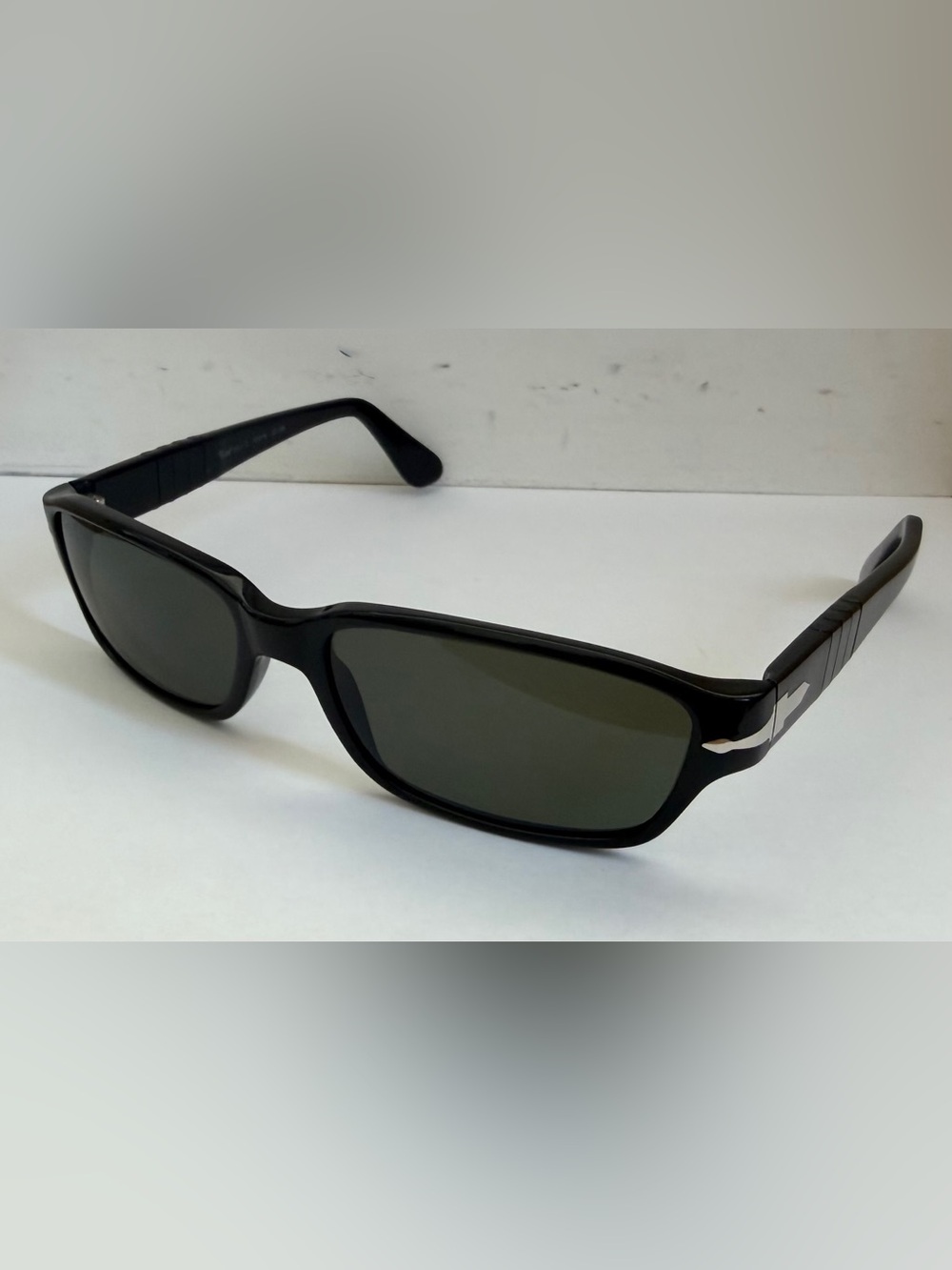 Vintage Persol Black Rectangular Sunglasses Silver Arrow Italy